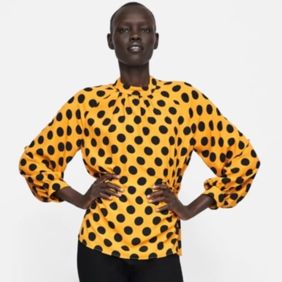 Zara Polka Dot Blouse Yellow Black Size Medium - Picture 1 of 9